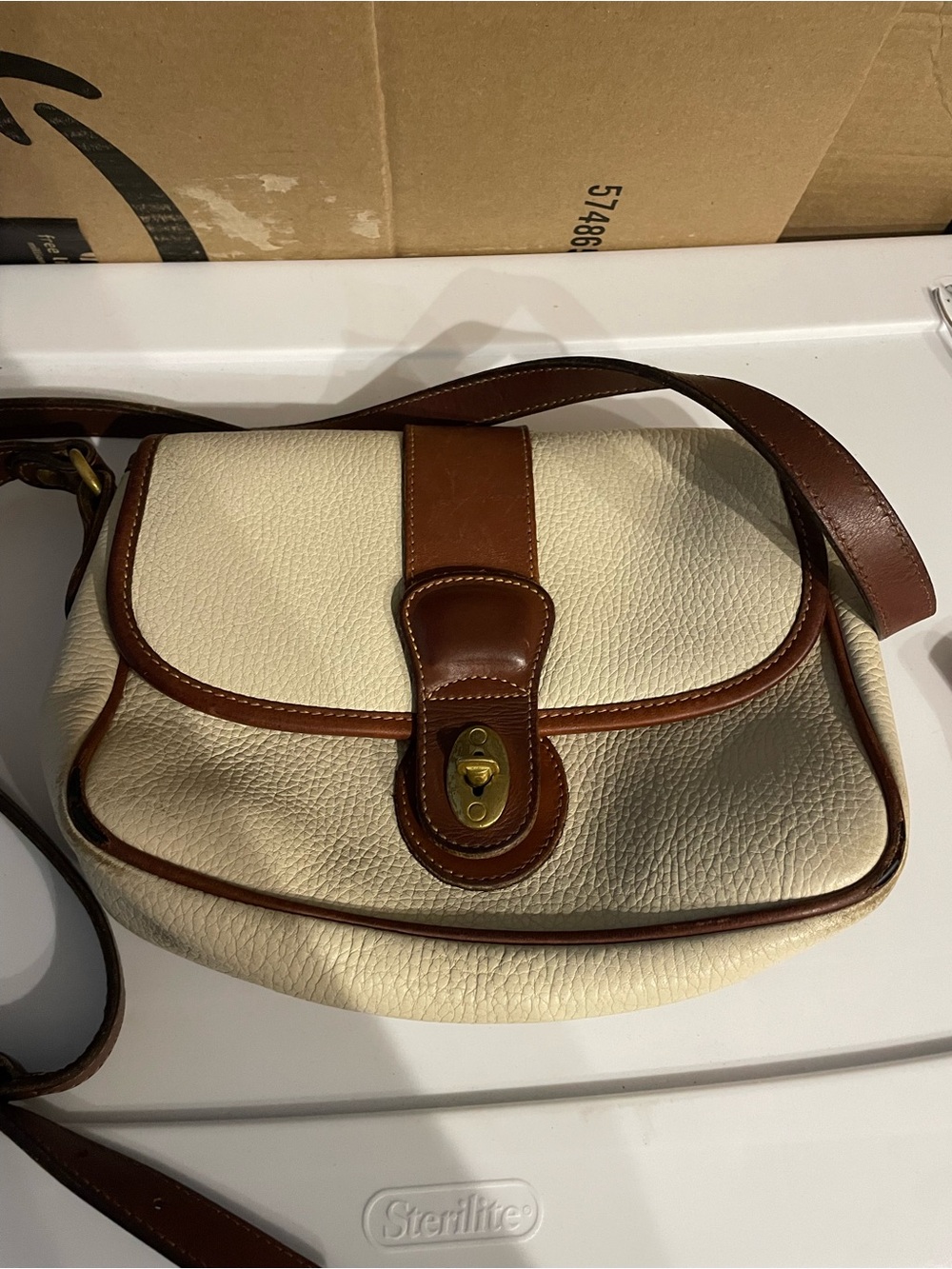 Coach Cream and Brown Leather Crossbody Saddle Bag